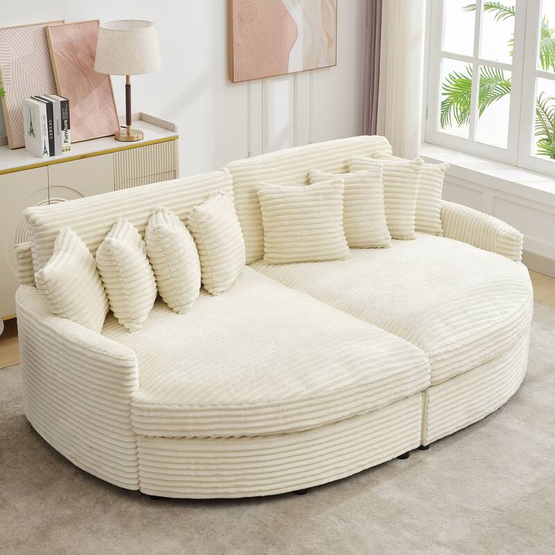 Oversized Fan-shaped Corduroy Couch, 2-piece Sectional Sofa with 4 & 8 Throw Pillows - Beige - Symmetrical