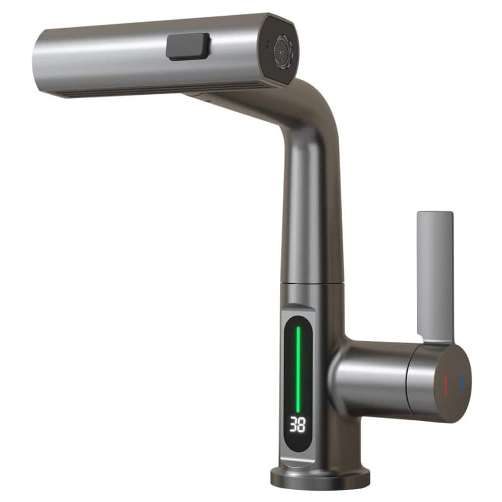 Single Hole LED Temperature Digital Display Bathroom Faucet with Pull-Out Lift Waterfall Bathroom Sink Faucet Grey