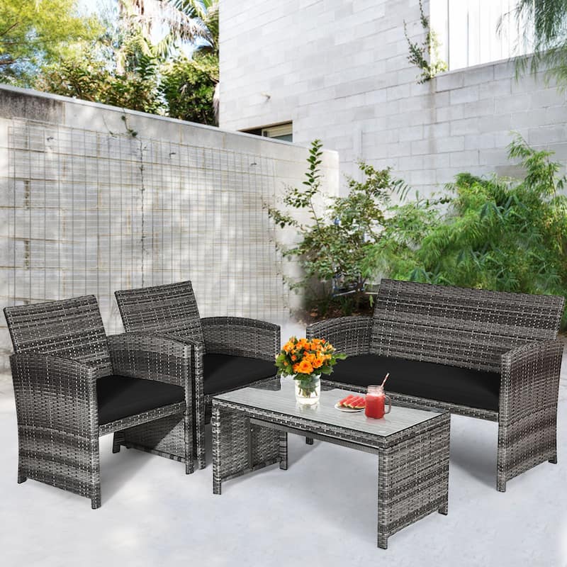 Gymax 8PCS Patio Outdoor Rattan Conversation Furniture Set w/ Black