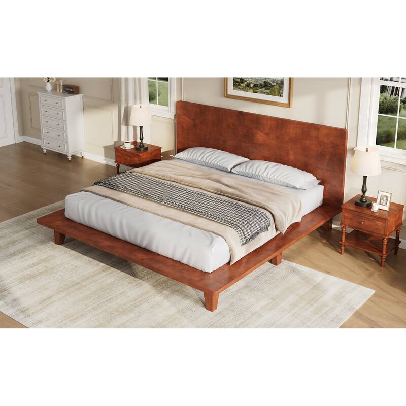 Wooden Platform Bed Frame with Headboard, Rustic Bed Frame with Wood Center Slats Support, No Box Spring Needed, Easy Assembly