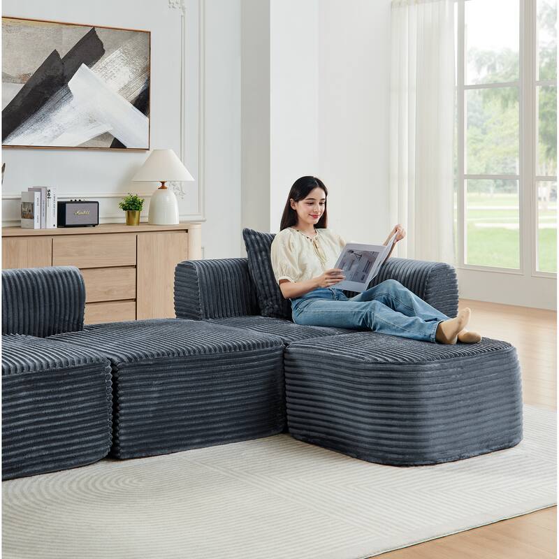 Corduroy Upholstered Couches L-shaped Sectional Sofa with Ottoman