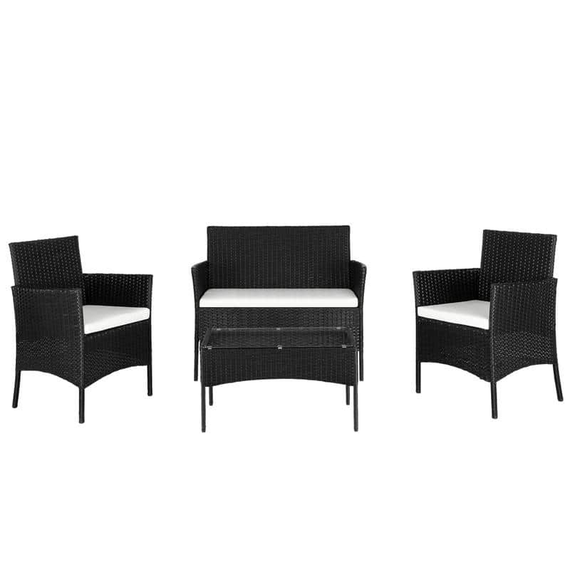 Outdoor 4-Piece PE Wicker Conversation Set with Cushion - Black Wicker & White Cushion