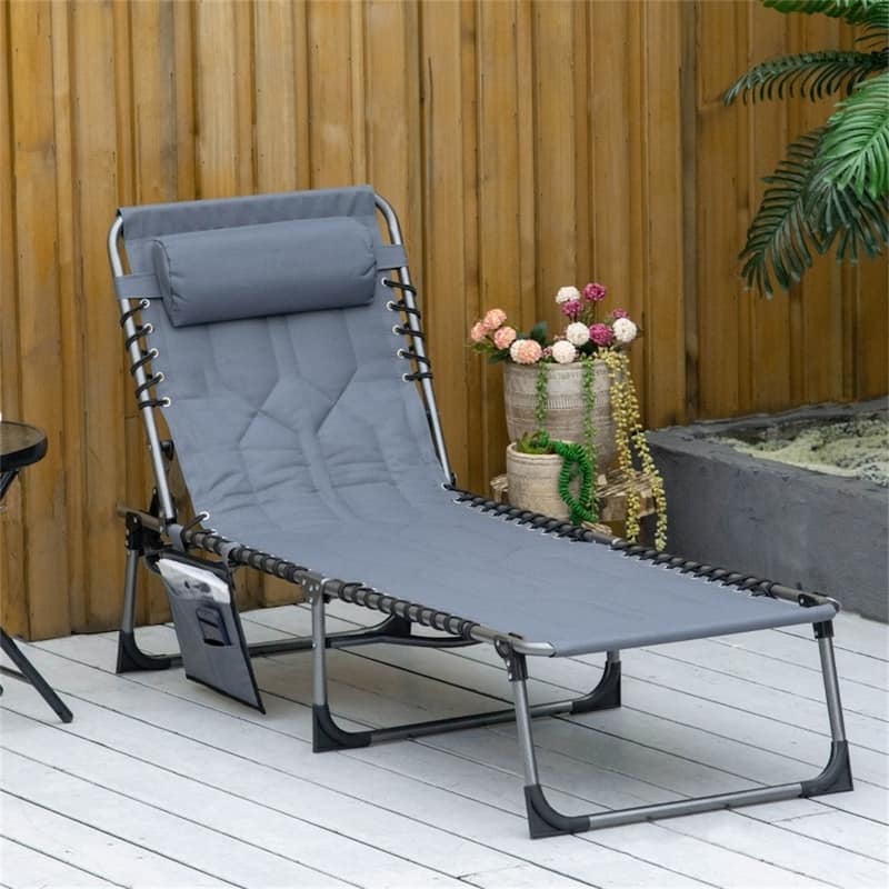 Gray Adjustable Reclining Chaise Lounge Chair with Cushion Headrest and Side Pocket Foldable Steel Frame Outdoor Lounger
