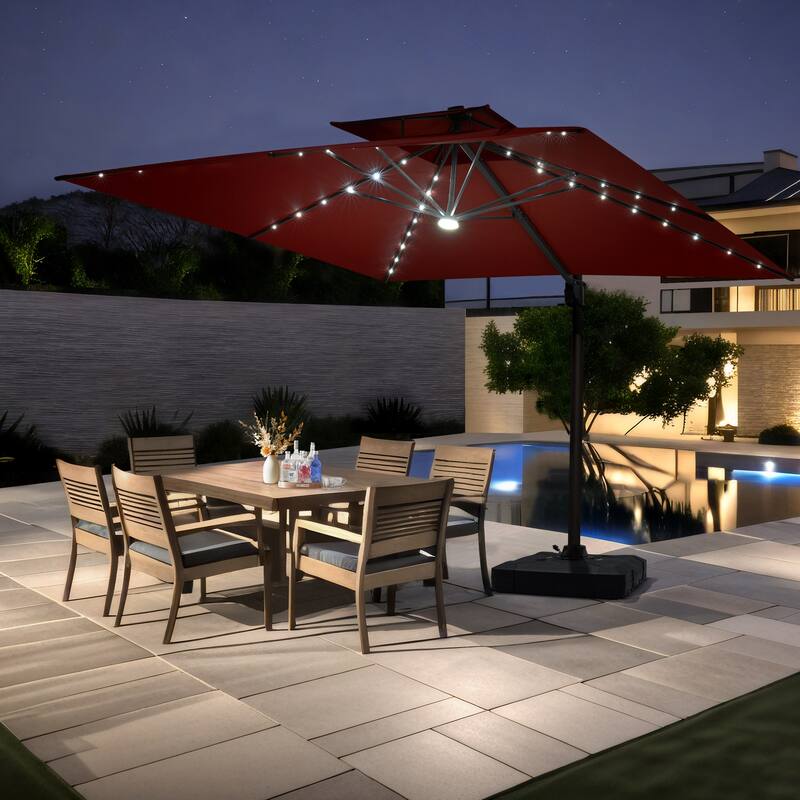 Pellebant 11X11 FT Outdoor Square Cantilever Patio Umbrella Solar LED Lighted with Wheel Base - Red