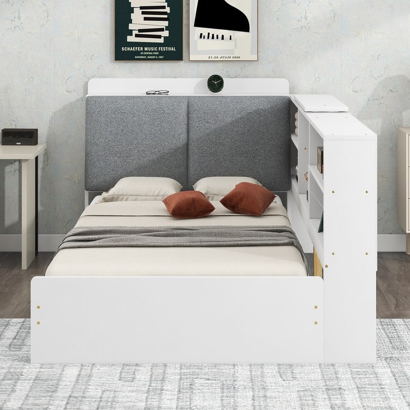 Wood Twin Size platform bed with Storage Headboard, Shelves and 2 Drawers