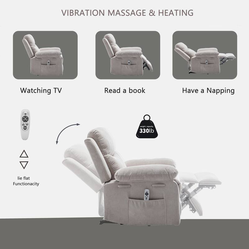 Living Room Single Reclining Sofa, Power Lift Velvet Recliner with Adjustable Massage and Heat & Side Pocket, Infinite Position