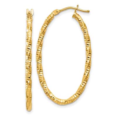 Curata 14k Yellow Gold Polished Textured 2x19mm Oval Hoop Earrings