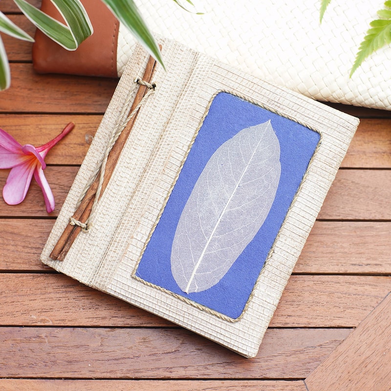 Novica Handmade Blue Leaf Natural Fiber Journal