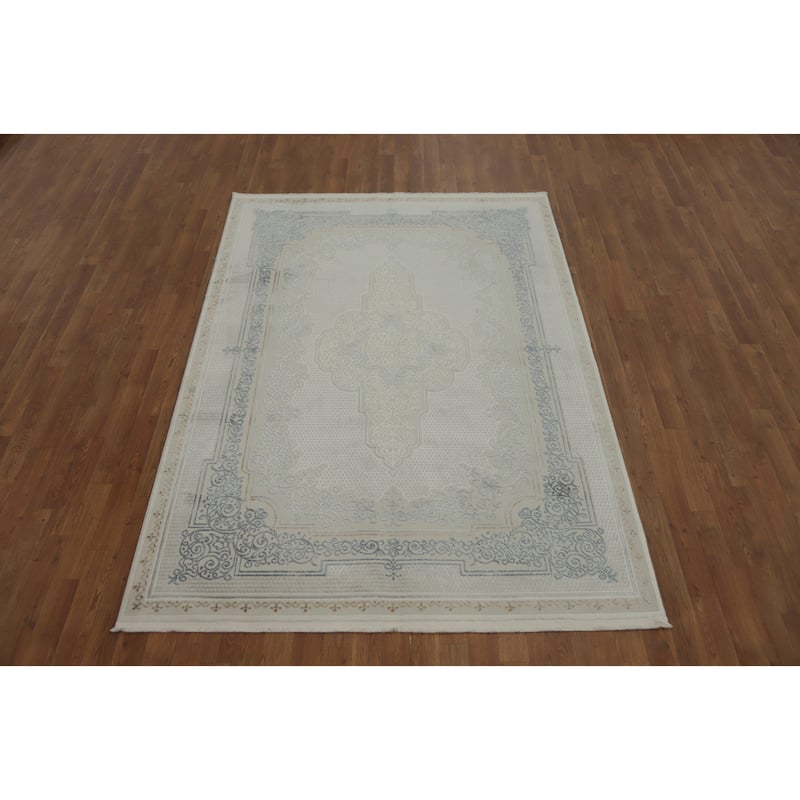 Machine Made Oriental Polyester Carpet Traditional Medallion Beige & Ivories Tabriz Area Rug - 7' 5'' X 5' 2''