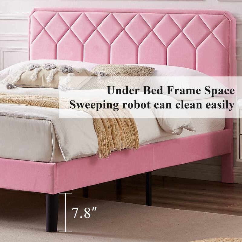 VECELO Pink Velvet Upholstered Bed Frame with Adjustable Headboard No Box Spring Needed Under Bed Storage Platform Bed
