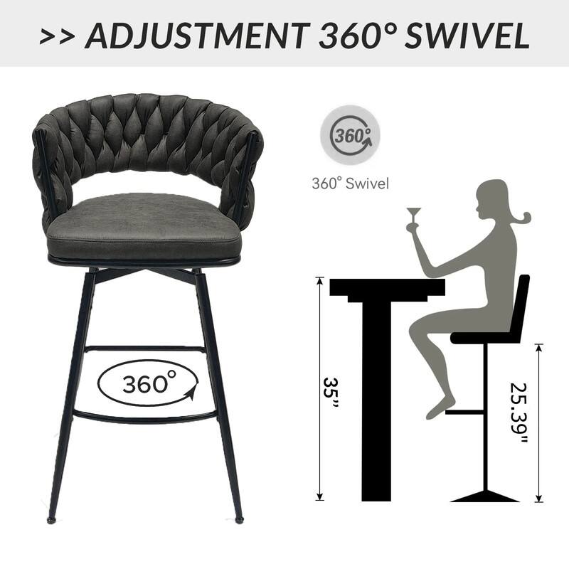 Modern Upholstered Bar Height Barstools Set of 2/360 Swivel/With Footrest and Back