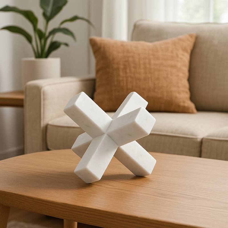 Tabletop Accent Decor, 9 Inch Geometric Cross Design, White Marble