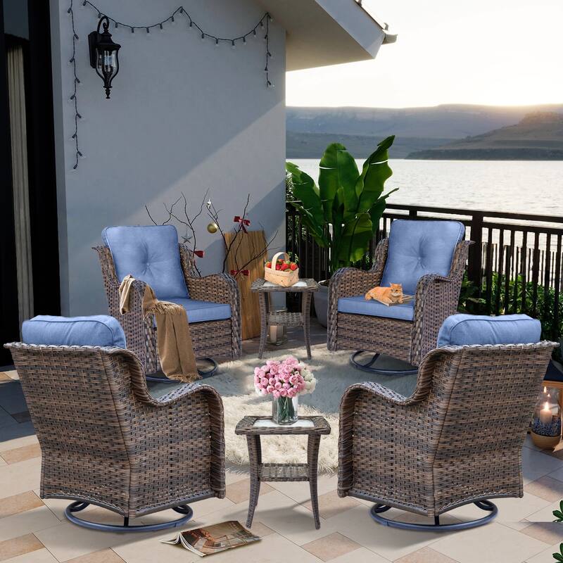 6 piece Outdoor Wicker Patio Furniture Set with Swivel Chairs and Cushions