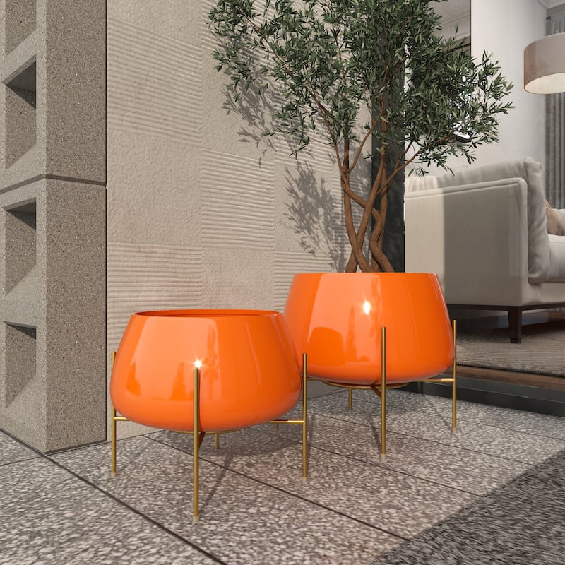 Metal Rounded Dome Indoor Outdoor Planter with Removable Stands - Set of 2 Teal, Yellow, Orange - Roche River Decor