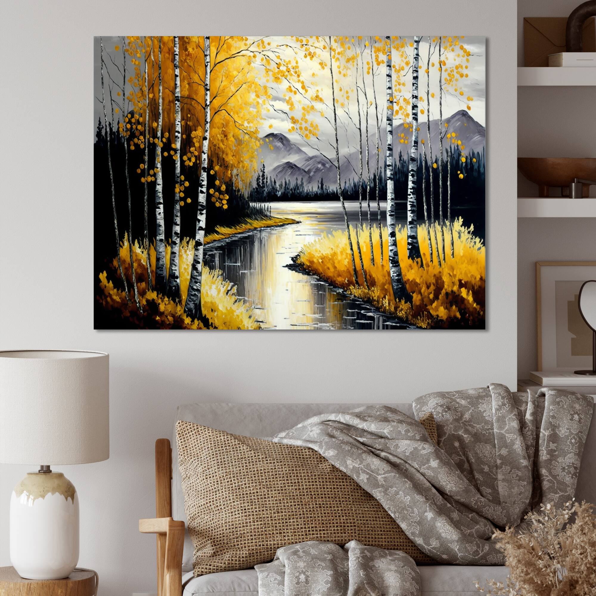 Designart 'Grey And Yellow Birch Trees By The Lake II' Landscape Canvas ...