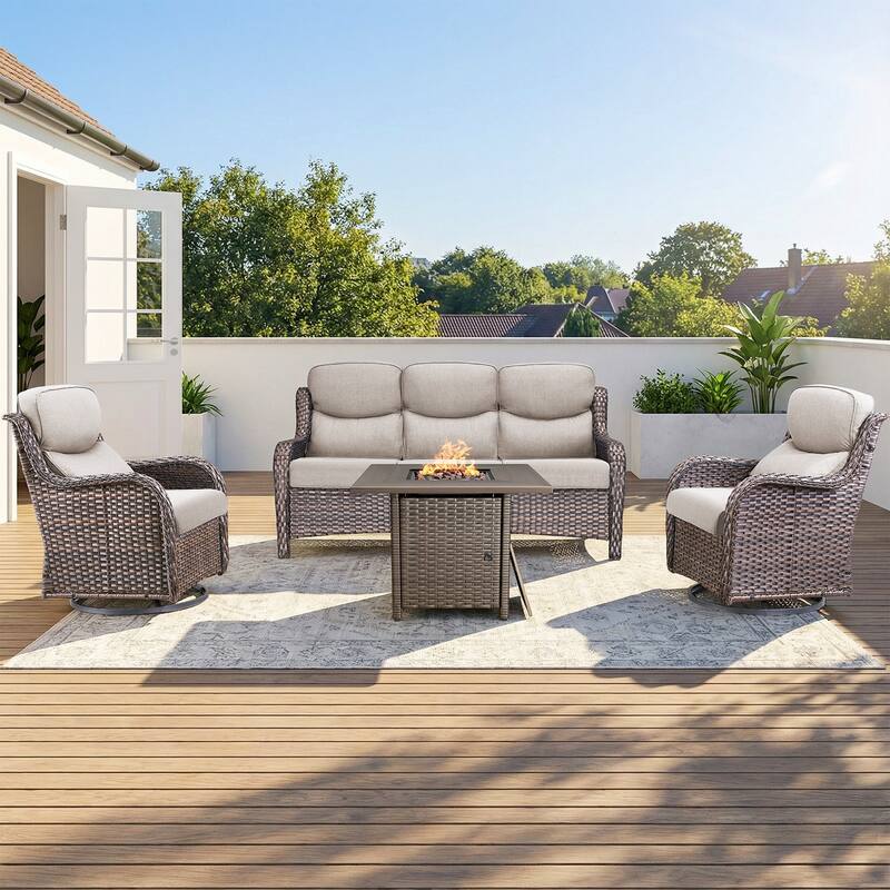 Pocassy Outdoor Propane Fire Pit Table with Sofa Swivel Chair Funiture Set. - Brown Wicker Beige Cushion - 4-Piece Sofa Swivel Chair w/ Fie Pit Table