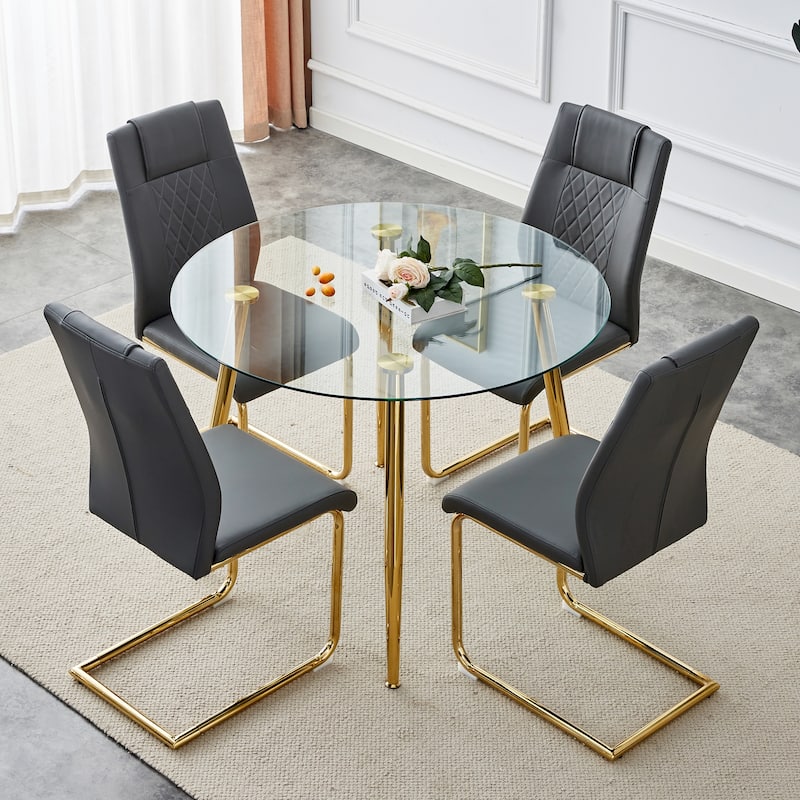 Modern 5-Piece Dining Set with Round Glass Top & 4 PU Upholstered Chairs
