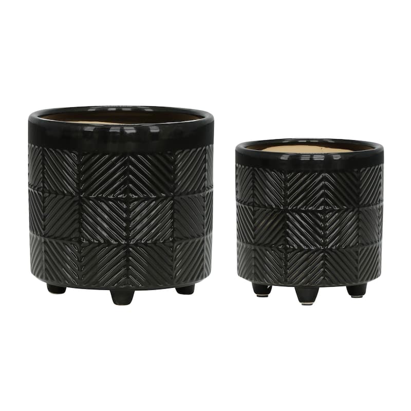 6/8" Ceramic Textured Planters,Set of 2 - Shiny Black