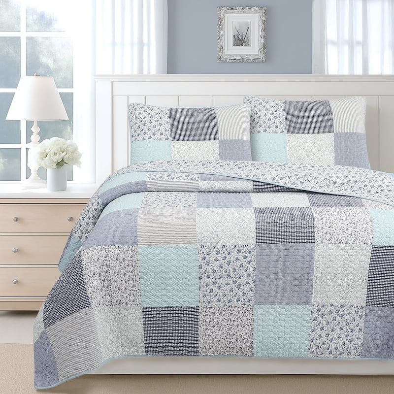 Cozy Line Subtle Blue Checker Cottage Floral Stripe Cotton 3 Piece Patchwork Quilt Bedding Set
