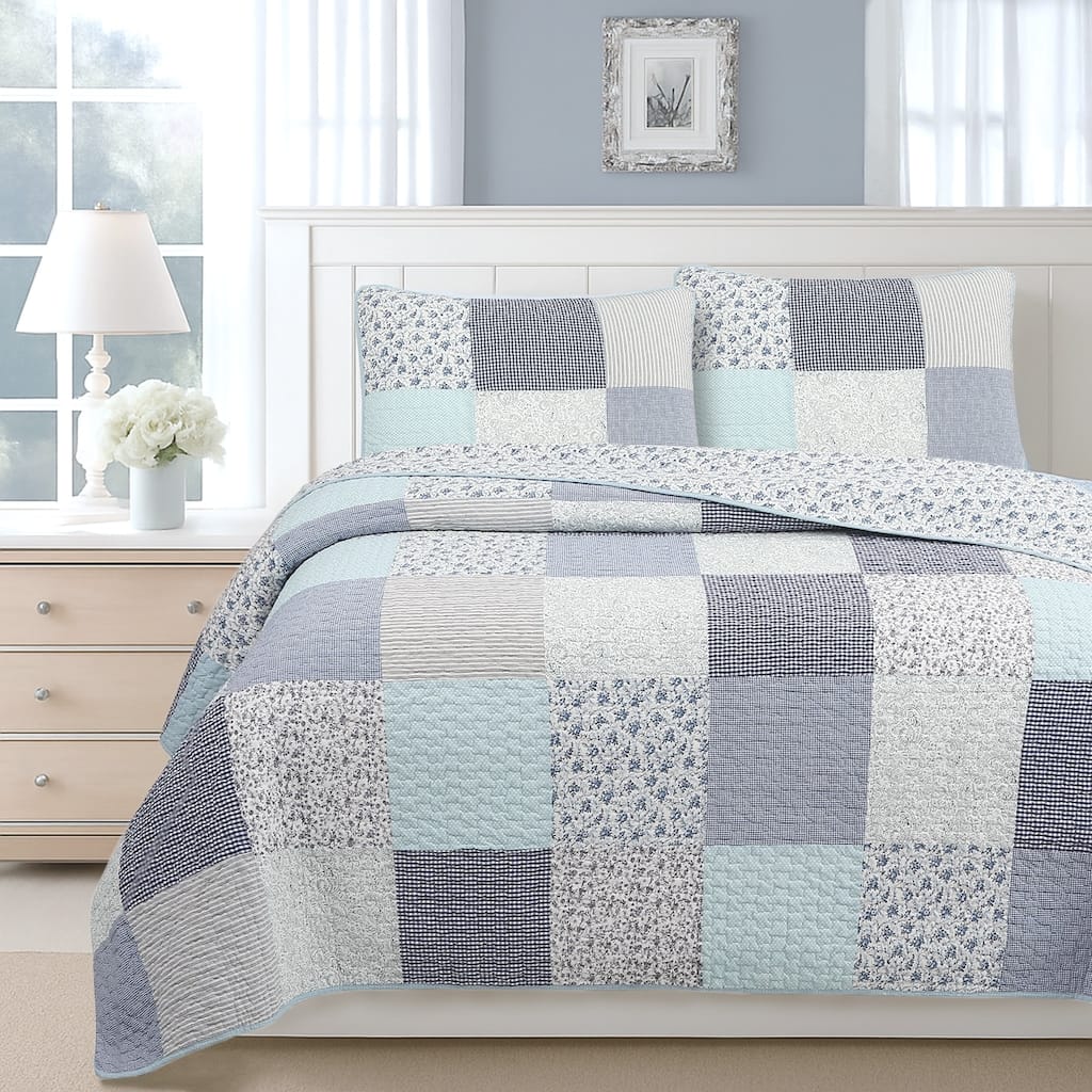 Cozy Line Subtle Blue Checker Cottage Floral Stripe Cotton 3 Piece Patchwork Quilt Bedding Set