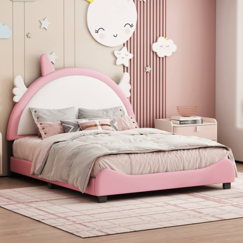 Cute Full size Upholstered Bed With Unicorn Shape Headboard,Full Size Platform Bed with Headboard and Footboard,White+Pink - Pink