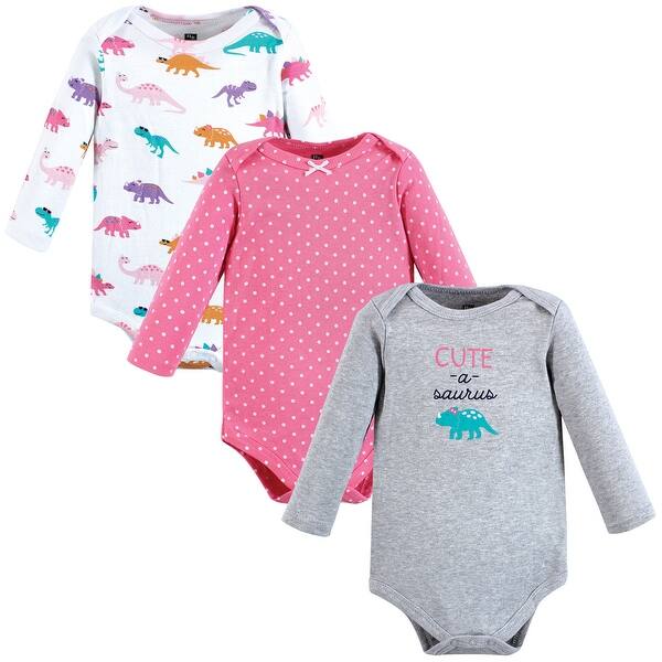 slide 1 of 1, Hudson Baby Infant Girl Cotton Long-Sleeve Bodysuits, Cuteasaurus 3-Pack 0-3 Months - Cuteasaurus 3-Pack
