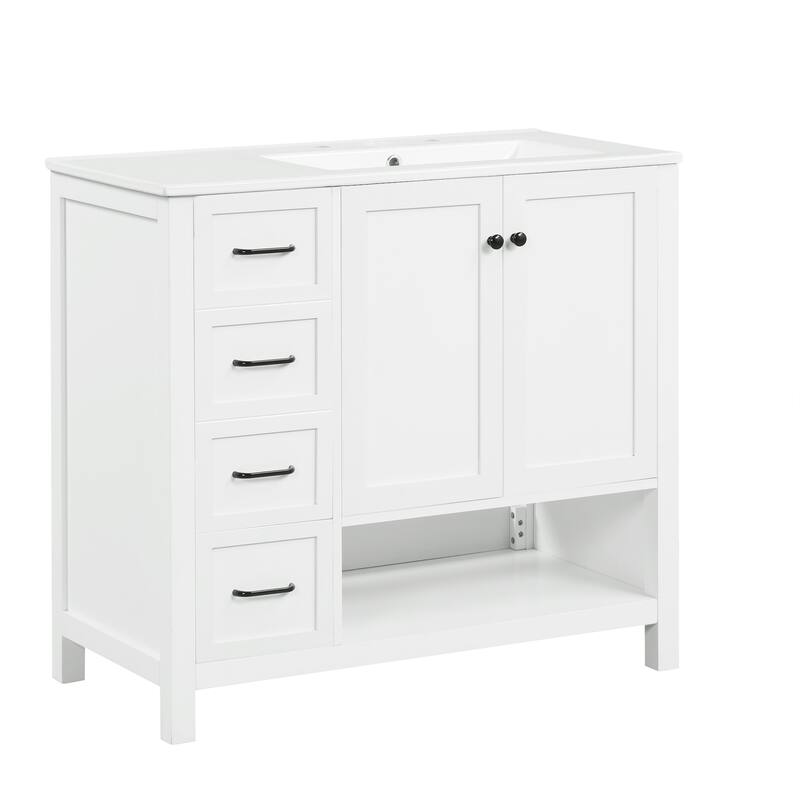 Roomfitters 36" Bathroom Vanity with Sink, Right-Side Basin, Solid Wood Frame, 2 Doors, 2 Drawers & Open Shelf