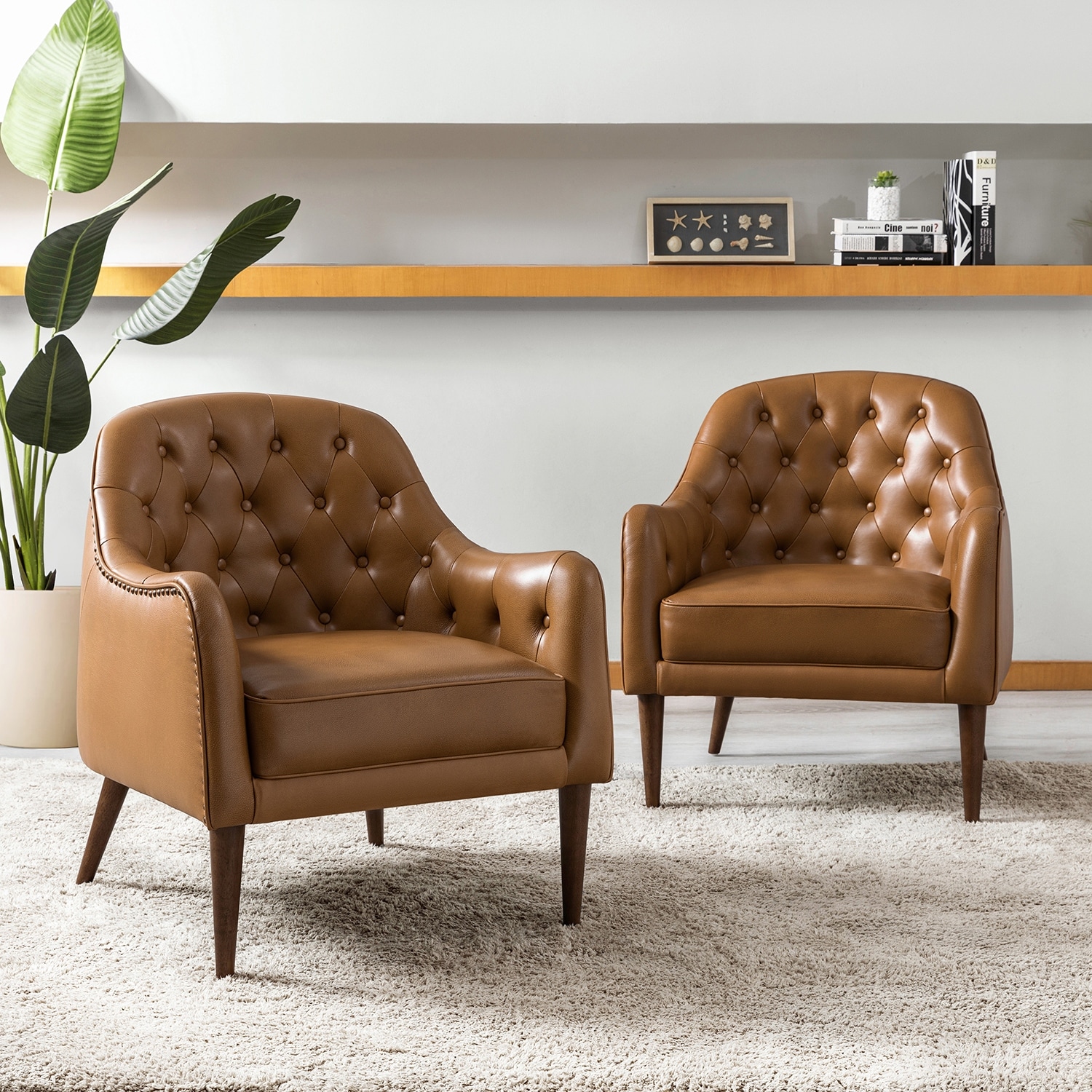 HULALA HOME Melisa Classic Genuine Leather Wood Legs Barrel Chair With Tufted Back Set Of 2