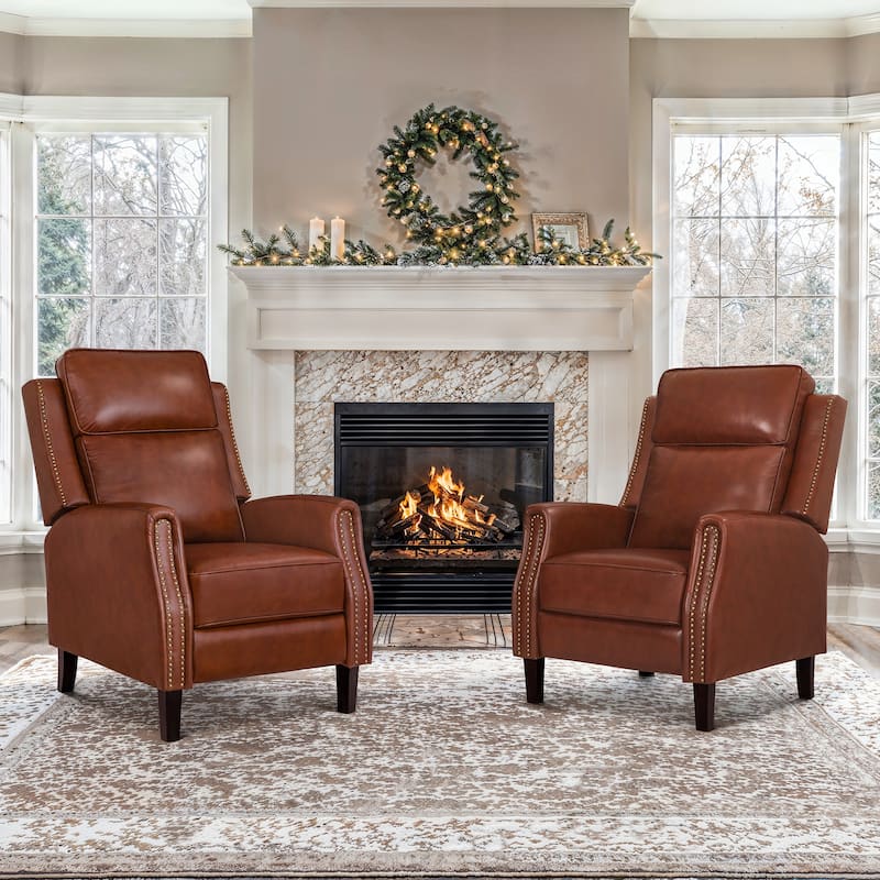2 Set Genuine Leather Recliner Modern Push Back Recliner Chair Wingback 3 Adjustable Chair for Living Room - Red Brown