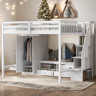 2 Color Full Size Loft Bed Frame with Wardrobe, Safe Low Storage Table and Storage Staircase