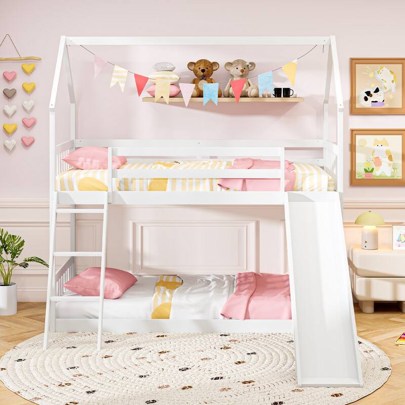 Gymax Twin Over Twin House Bunk Bed w/ Slide Solid Wood Low Bunk Bed