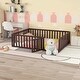preview thumbnail 23 of 26, Queen Size Wood Floor Bed w/ Fence & Door Upholstered Bed Frame for Kids, Teens, Girls, Boys No Box Spring Needed, Easy Assembly