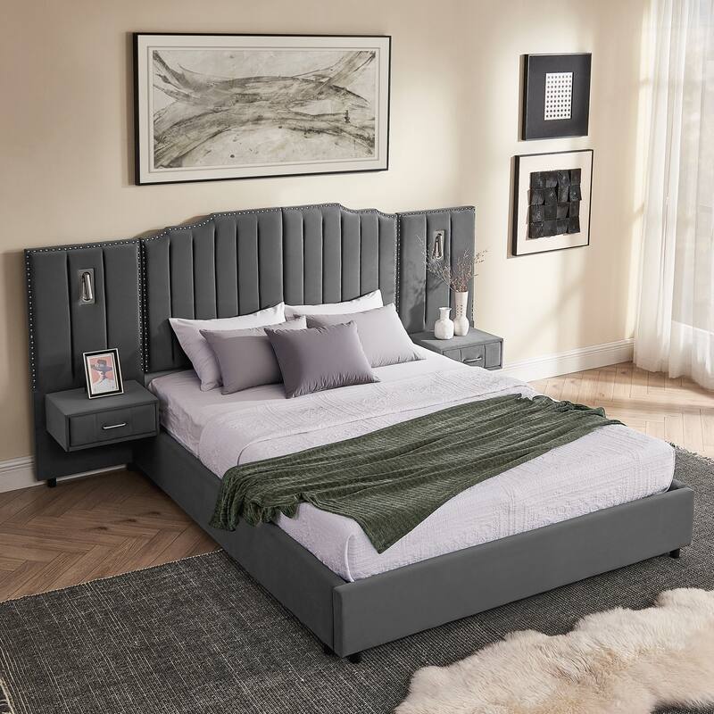 Queen Size Upholstered Bed Frame , Vertical Stripe Design with Buttons Around Platform Bed with Headboard - Grey