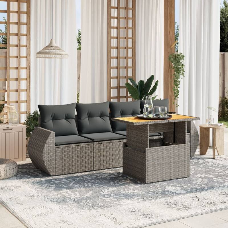 vidaXL Patio Sofa Set with Cushions Sofa Sections and Table 5 Piece Poly Rattan - 21.7 x 39.4 x 28.7 - Grey