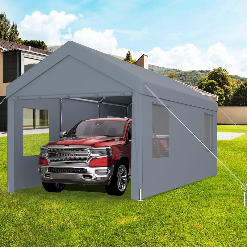 12x20FT Heavy Duty Carport Canopy, 2 Roll-Up Doors, 4 Vent Windows - Grey