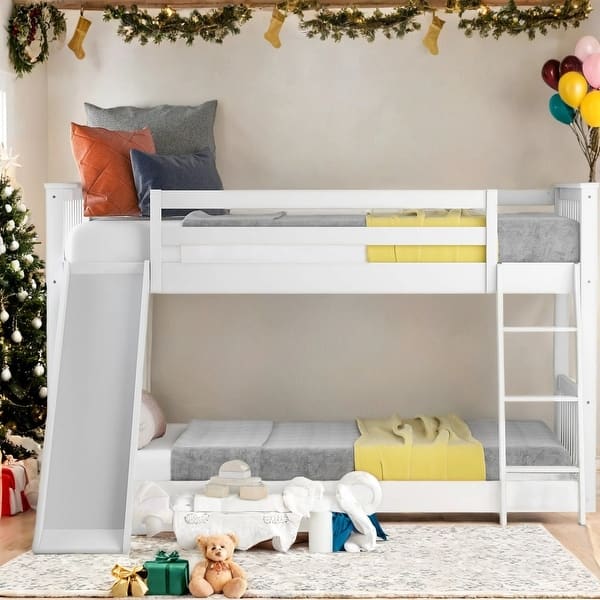 slide 2 of 11, White Twin over Twin Bunk Bed with Convertible Slide and Ladder for Bedroom White