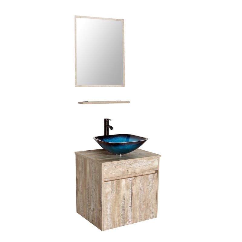 24" Bathroom Vanity Set Tempered Glass/ Ceramics Sink Combo Wall Mounted Natural Cabinet Faucet Drain Mirror