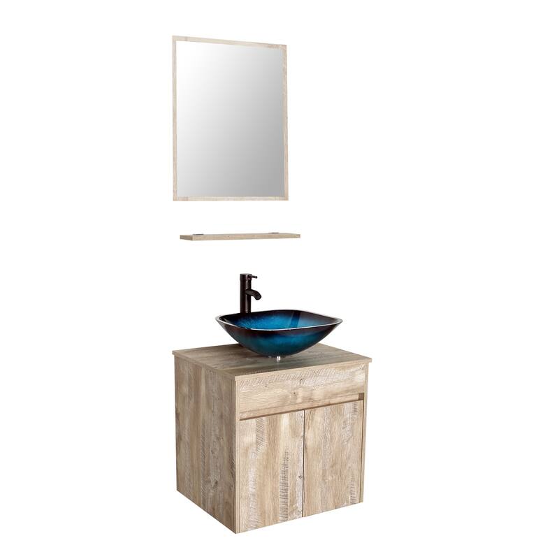 24" Bathroom Vanity Set Tempered Glass/ Ceramics Sink Combo Wall Mounted Natural Cabinet Faucet Drain Mirror