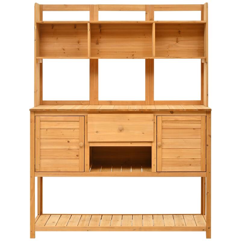 Solid Fir Wood Potting Bench Garden Workstation with Hutch, Drawer & Adjustable Shelves, Outdoor Garden Work Table - Yellow