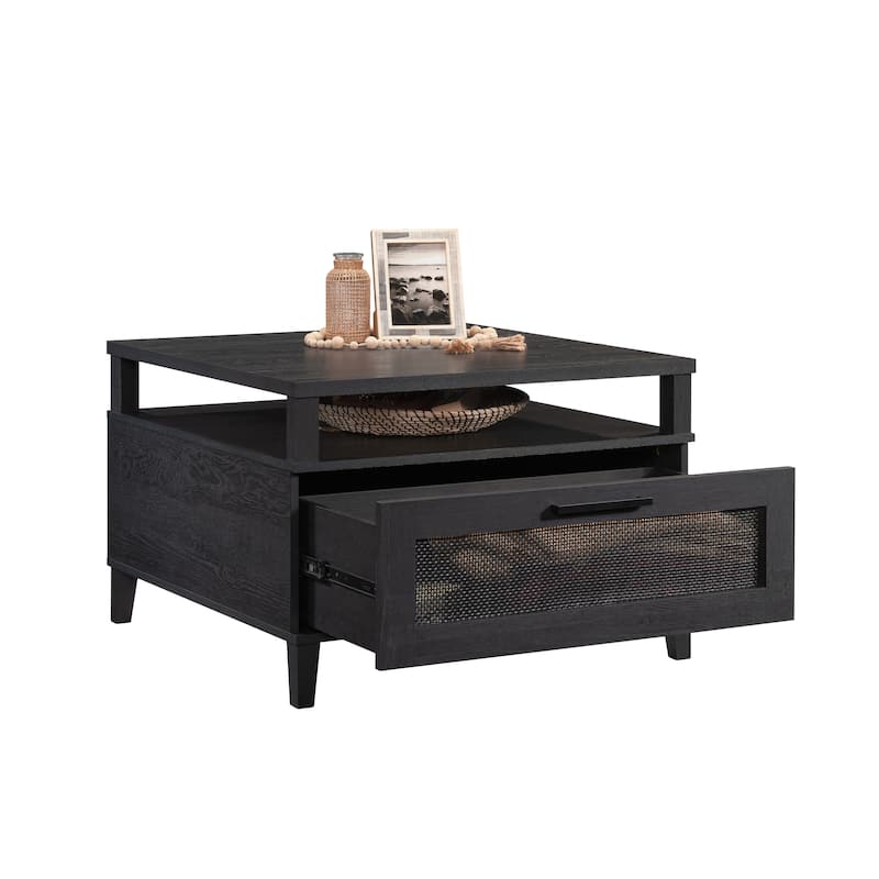 Engineered Wood Coastal Coffee Table with Spacious Drawer, Black - 31.5"W x 31.5"D x 20.98"H