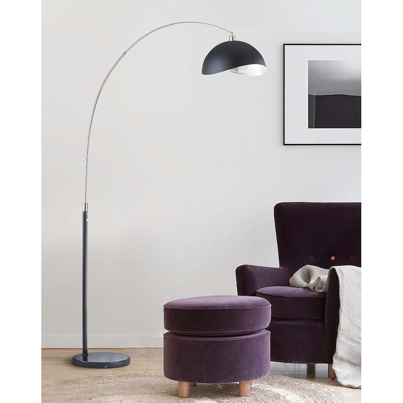 Luna Bella Arc Floor Lamp - 92", Antique Nickel, Matte Black/Silver Leaf Shade, Marble base, Dimmer Switch - Weathered Brass