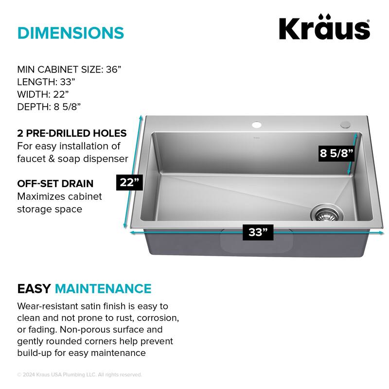 Kraus KHT640-33 Fairlane 33" Drop In Single Basin Stainless Steel