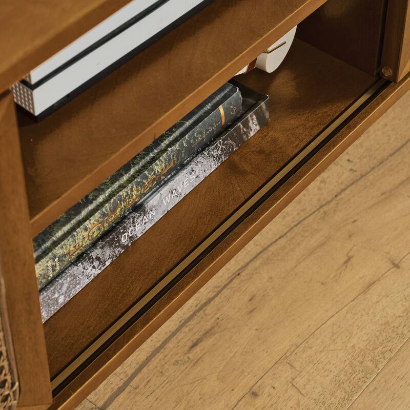 Charming Mid Century Rattan TV Stand with Solid Wood Feet and Versatile Storage