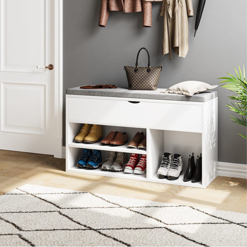 Shoe Storage Bench with a Cushioned Seat and 2 Tiers of Shelves