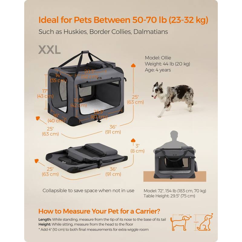 Collapsible Pet Carrier, Oxford Fabric, Mesh, Metal Frame, With Handle, Storage Pockets