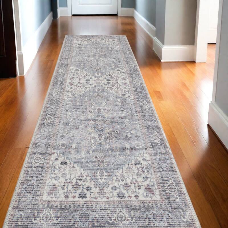 Bumew Power Loomed Distressed Floral Traditional Area Rug By HomeRoots - 144' X '26' X '0.28 - 144' X '26' X '0.28 - Lavender/Ivory - Runner