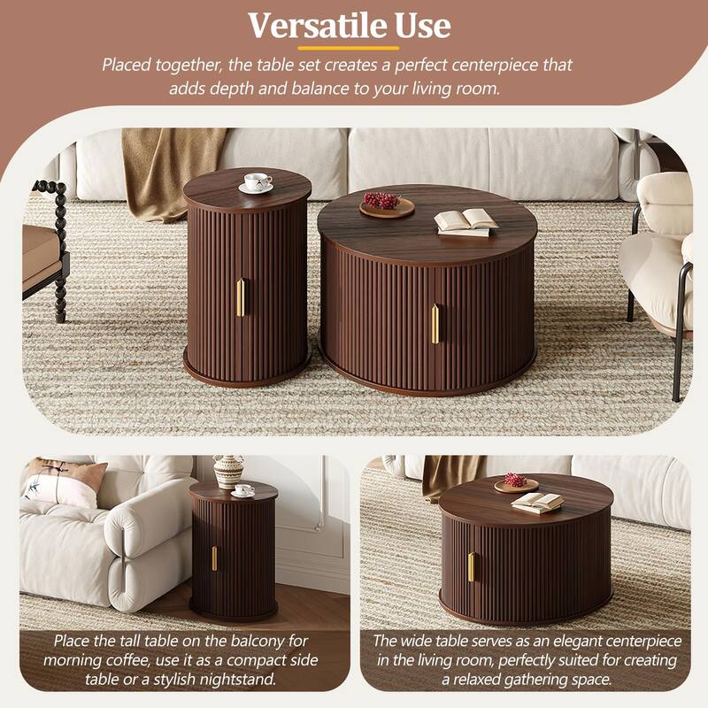 Mid-Century Coffee Table Set with Sliding Tambour Door - Round Fluted End Table with Storage