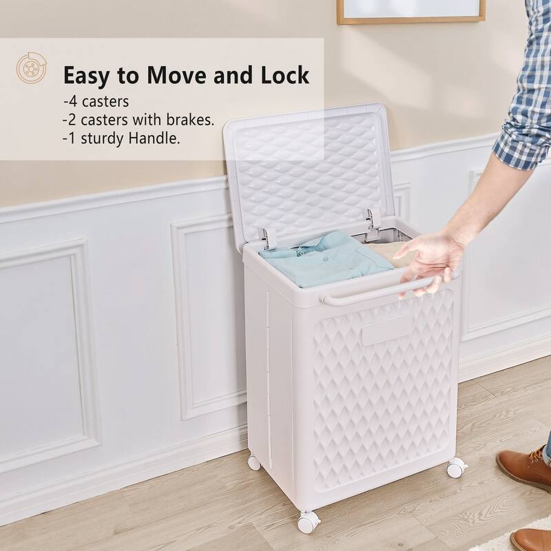 VECELO Rolling Laundry Basket L Size White Laundry Basket with Universal Wheels Handle and Lid for Laundry Room and Bathroom