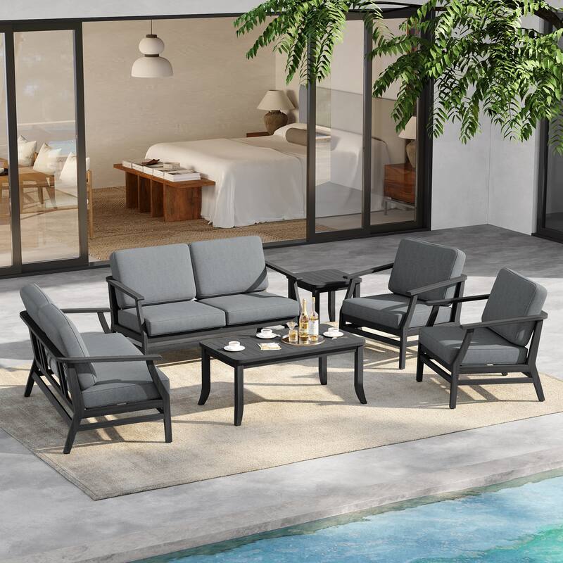 6-Seat Outdoor Teak Wood Patio Conversation Set with Cushions Tables - BlackFrame-Grey