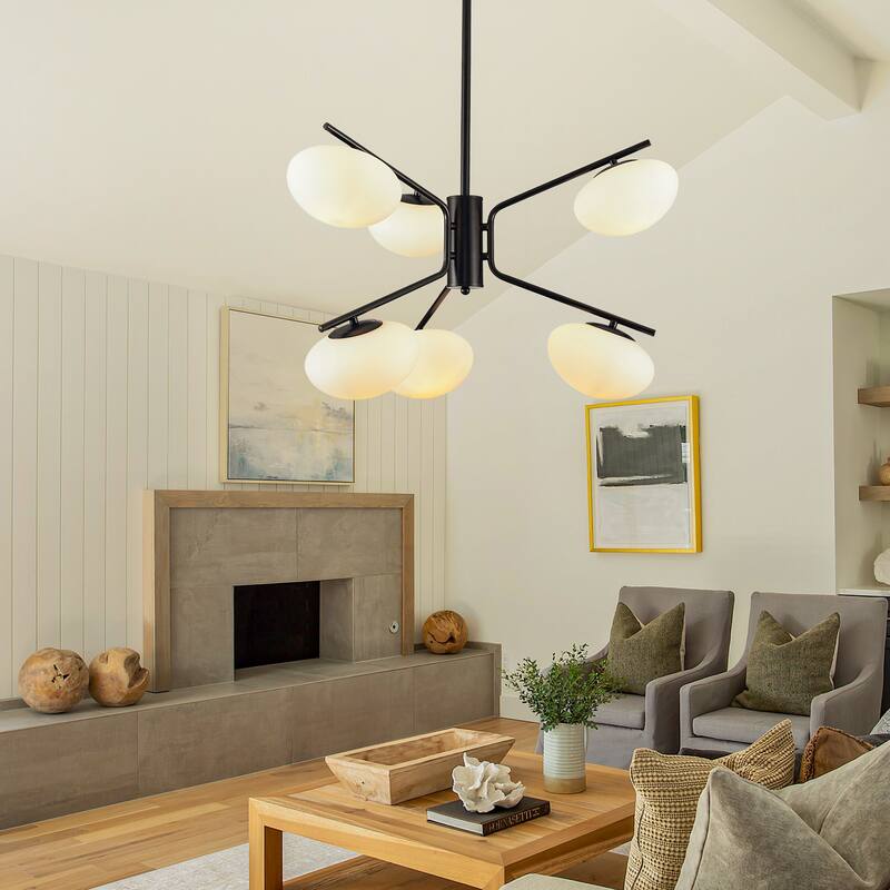 Modern Minimalism 6-Light Sputnik Chandelier with White Glass Oval Lampshade